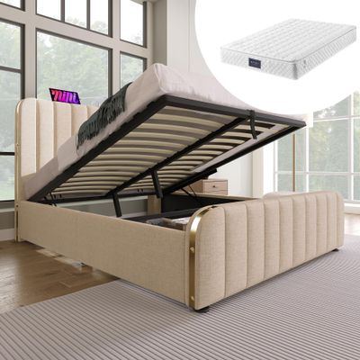MQLAE Upholstered Bed 160x200 cm with Mattress, Storage, USB-C and Gold Accents