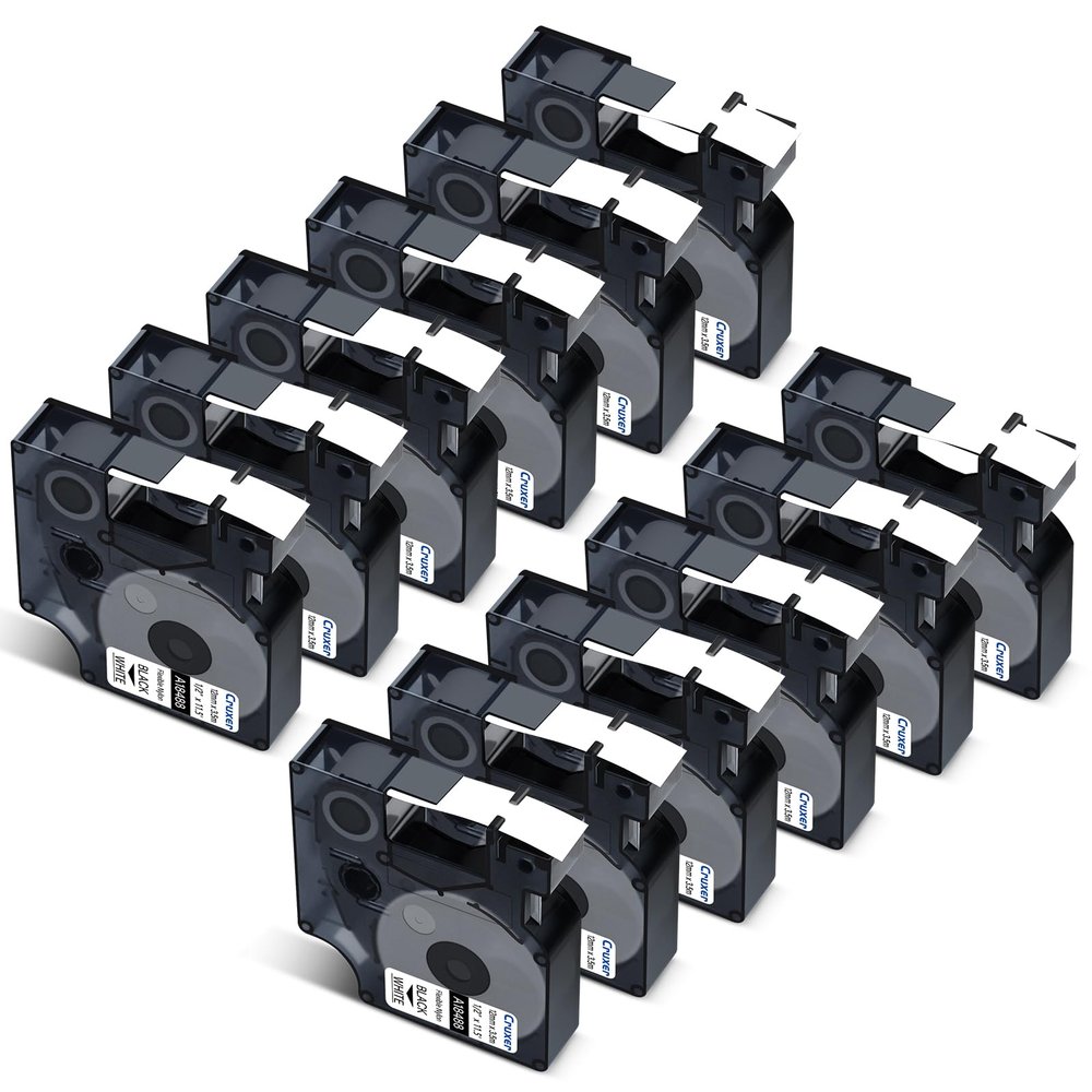 Cruxer 12-Pack Compatible with Dymo Flexible A18488 S0718100 Nylon Label Tape, Black on White, 12 mm x 3.5 m