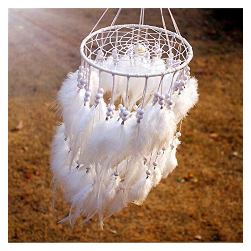 Aqxyedc VNJUGF 12-Color Hanging Feather Bead Dream Catcher Wind Chime, Indian-Style Pendant, Gift, wanglan (White)