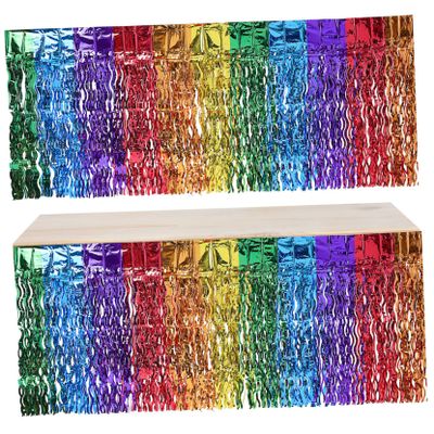 JEWEDECO 2-Pc. Rainbow Plastic Table Skirt with Wavy Design and Tassel Attachment