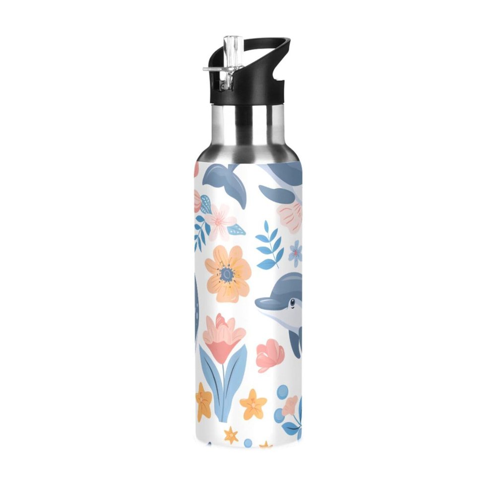 Sea Dolphin Ocean Animals Insulated Stainless Steel Water Bottle with Straw Lid, 600 ml