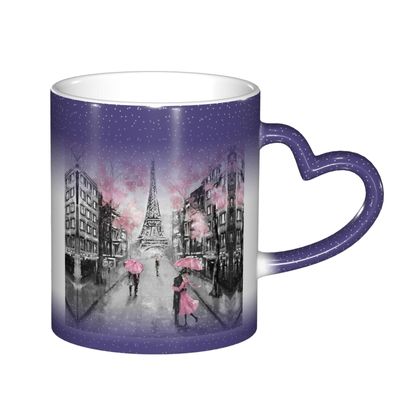MLTRFGJ Paris Street Eiffel Tower Pink Floral Heat-Sensitive Color-Changing Ceramic Mug