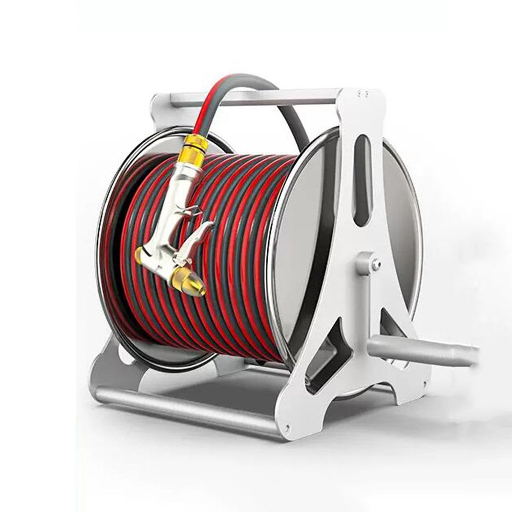 Garden Hose Reel Cart, Metal and Stainless Steel, with Crank and Dustproof Cover, 30 m