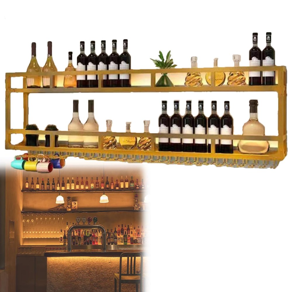 YLANMEI Wall-Mounted Metal Wine Rack with Stemware Holder, Gold, 150 x 20 x 55 cm