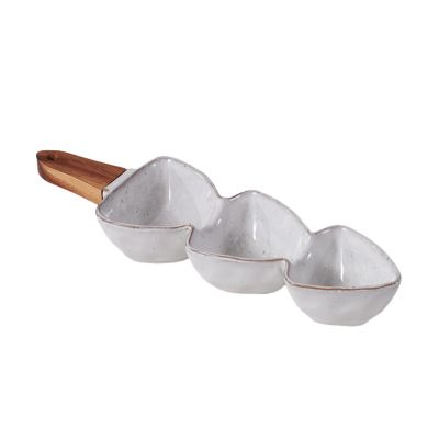 HAN SHENG Ceramic Serving Set with Wooden Handle, 3 Compartments