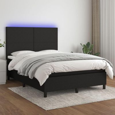 Homgoday Box Spring Bed with Mattress, Upholstered Bed Frame with Slats and LED, Black, 140 x 190 cm