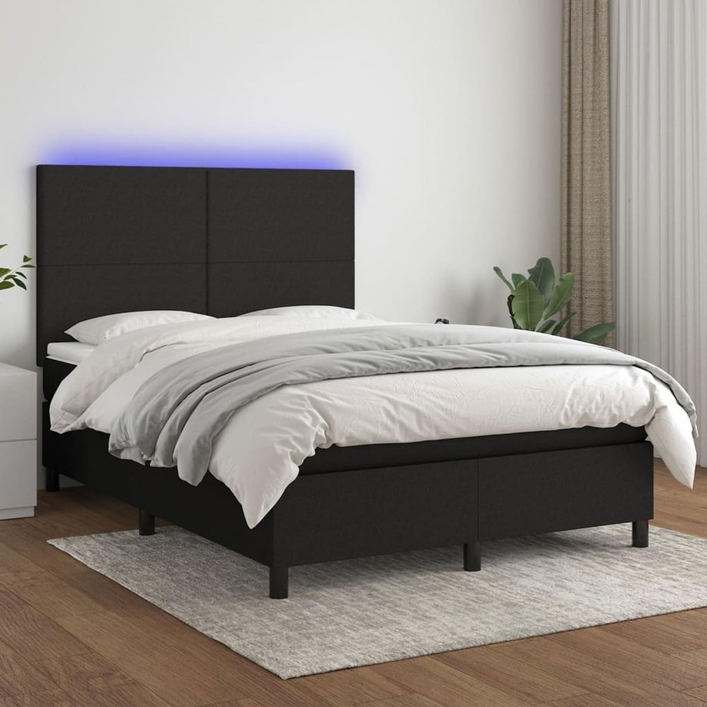 Homgoday Box Spring Bed with Mattress, Upholstered Bed Frame with Slats and LED, Black, 140 x 190 cm