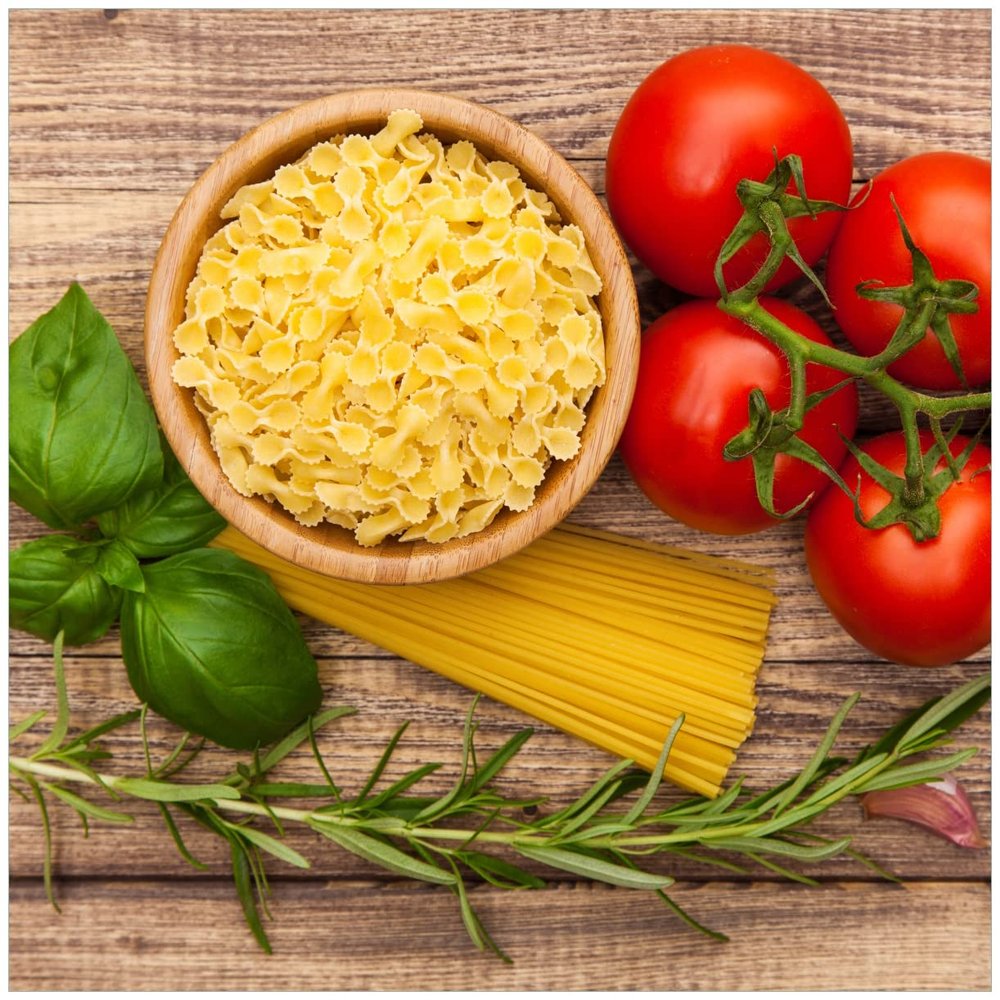 Wallario Glass Picture Spaghetti with Tomatoes, Garlic and Basil - 55 x 55 cm