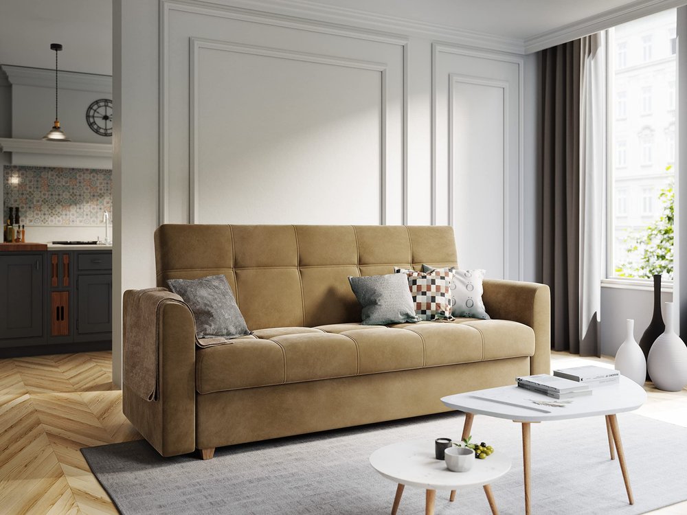 PAMIR24 Sleeper Sofa with Storage, 215 x 85 cm, LEN Wooden Legs, Light Brown