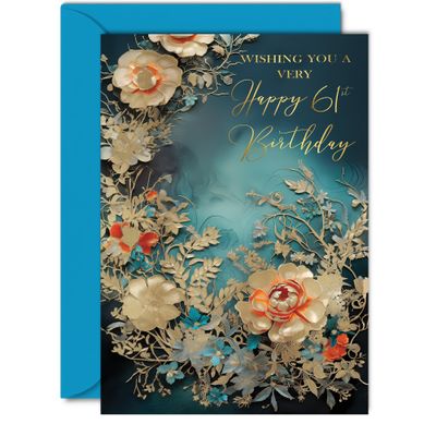 Beautiful Gold 61st Birthday Card for Women and Men, Floral Design, 5 x 7 in
