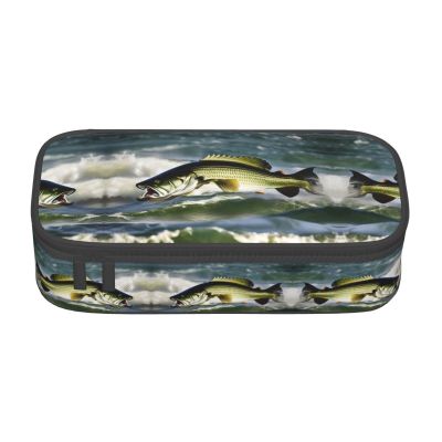 SABFWF Versatile Bass-Fishing Wave Print Pencil Case, Large Capacity, Black, One Size, Key Case