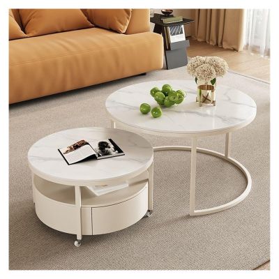 ZENY896V Round Rock Slab Coffee Table with Wheels, Black Iron Base, White