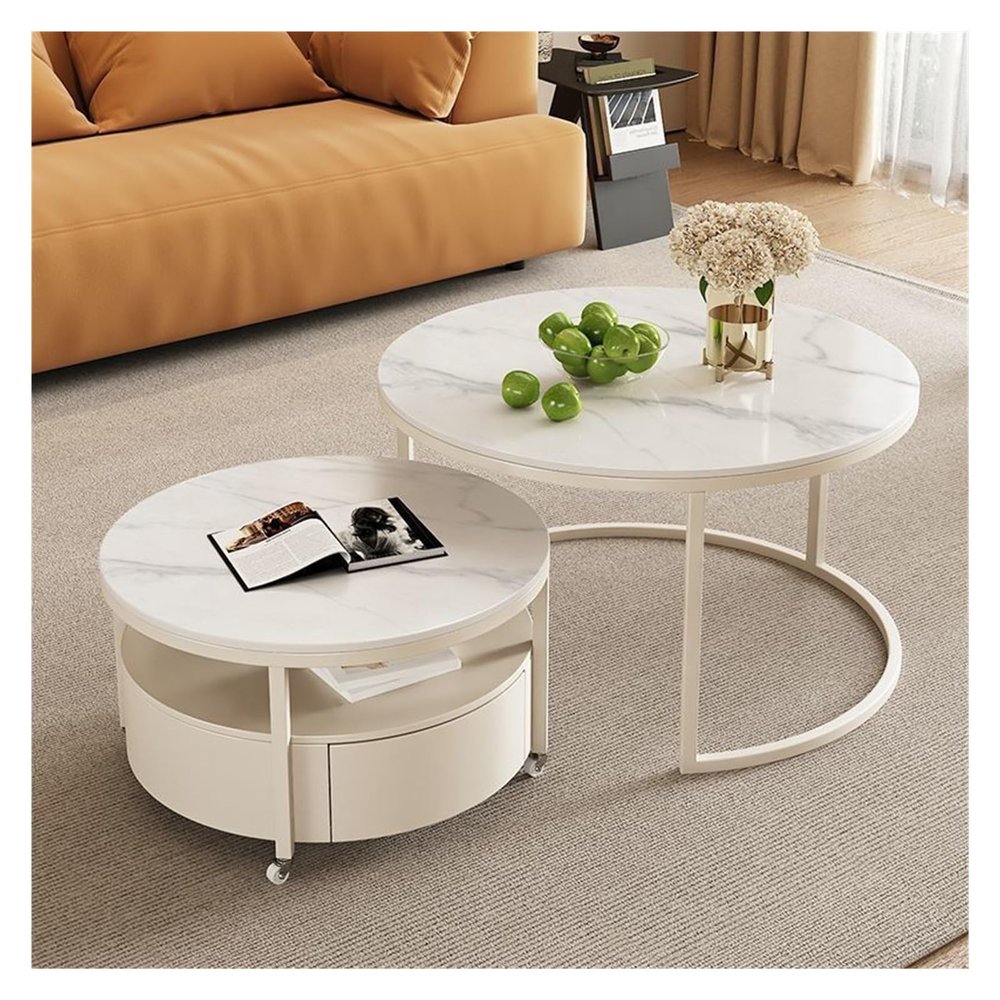ZENY896V Round Rock Slab Coffee Table with Wheels, Black Iron Base, White