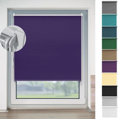 Blackout Roller Blind for Windows, No-Drill Clamp-Fit, 95 x 140 cm, Purple