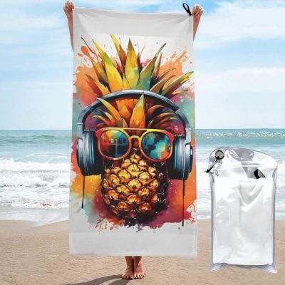 Mexpekil Large Beach Towel with Pineapple Headphones for Adults, Sand-Free Microfiber, Quick-Drying, with Carrying Bag