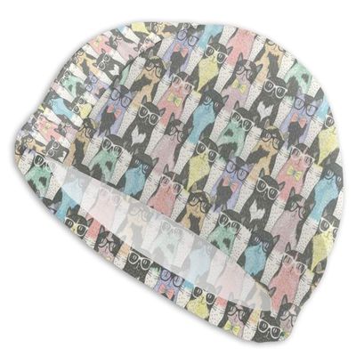 Stretch Swim Cap with Hipster Cat Design and Vintage Style