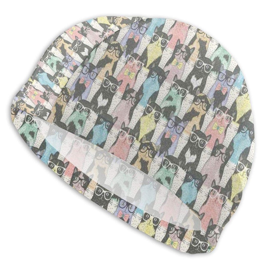 Stretch Swim Cap with Hipster Cat Design and Vintage Style