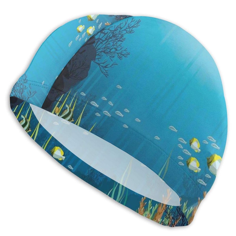 Elastic Swim Cap with Tropical Coast Design for Men, Women & Teens