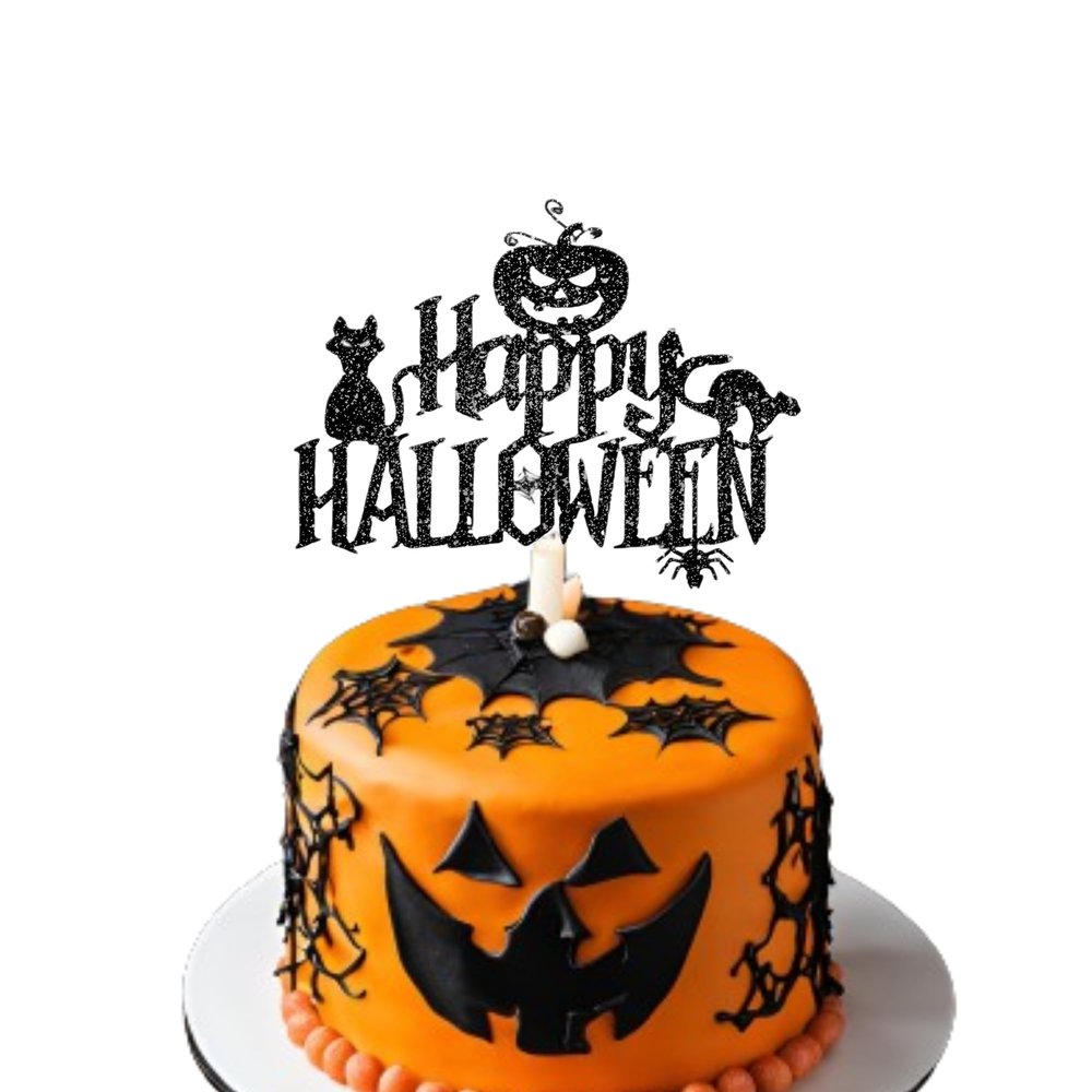 Happy Halloween Cake Topper, Black Glitter