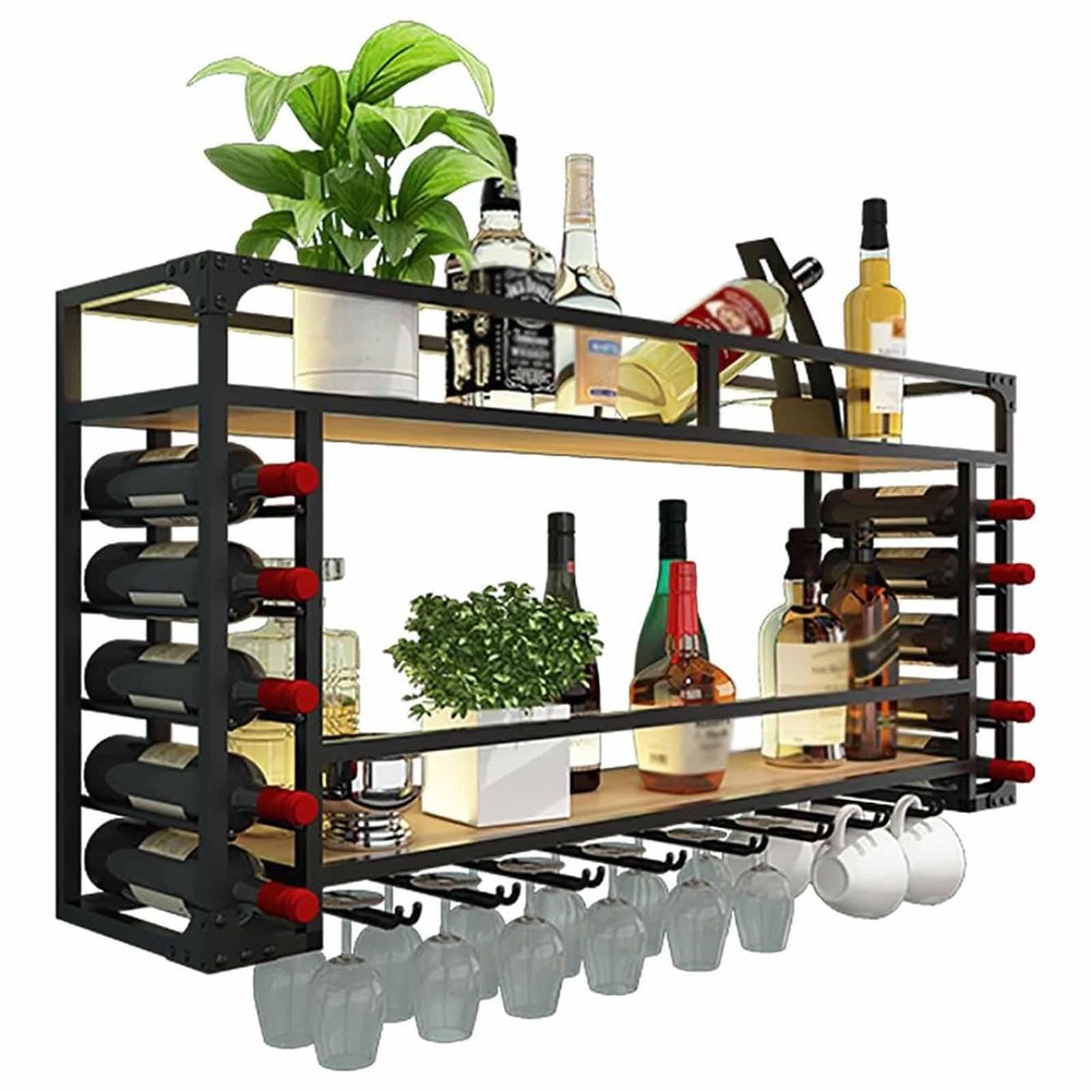 Leomix Wall-Mounted Metal Wine Rack, 2-Tier Vintage Design, 120 cm
