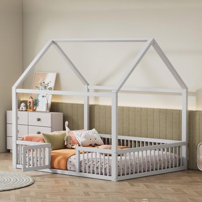 140 x 200 cm Solid Wood House Bed with Door, White