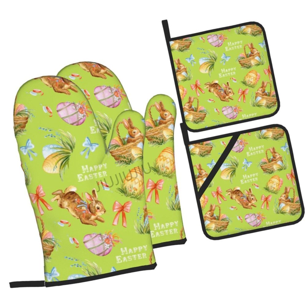 Non-Slip Oven Mitts and Pot Holders Set with Easter Bunny Patterns