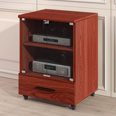 LYXWGRZD 2/3-Tier Audio Rack with Tempered Glass, Drawer, and Casters, Rosso, 77 cm/30.3 in