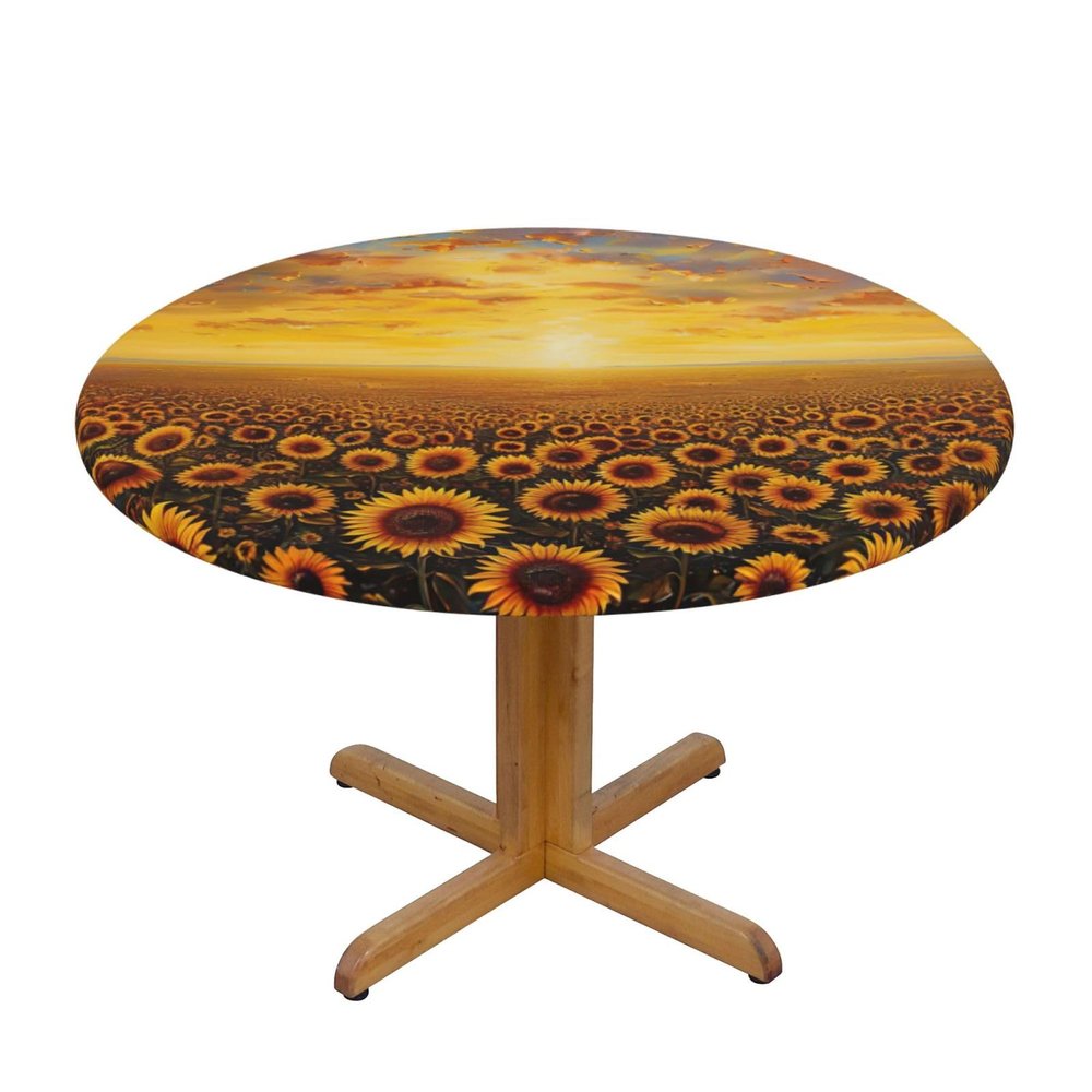 ERSDWRE Round Tablecloth with Sunflower Field, Sunset, and Sea of Flowers
