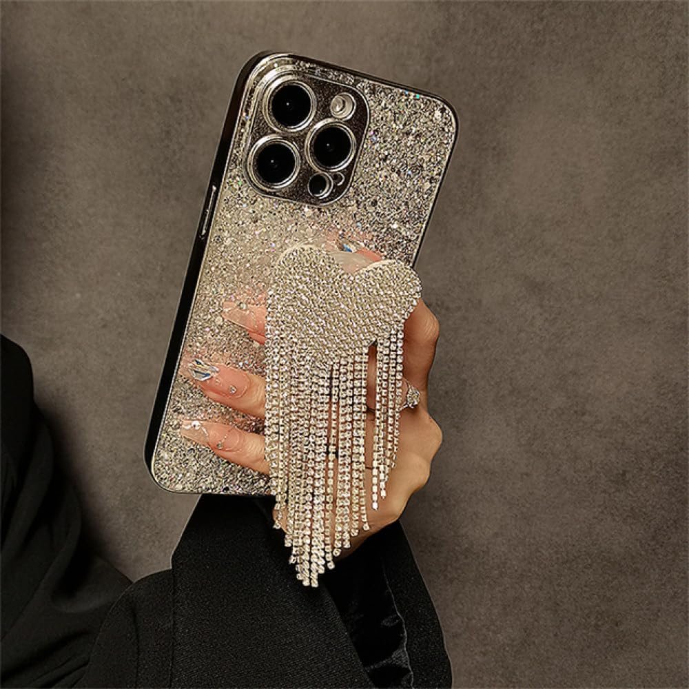 NevStp Glitter Rhinestone Phone Case with Heart Fringe Holder for iPhone 14/15 Pro Max, 13, 12, 11, Silver, for iPhone 14 Pro Max