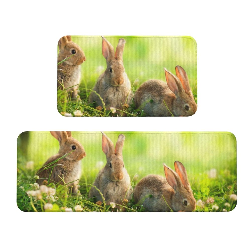Funny Rabbit-Printed Crystal Velvet Kitchen Mats, Set of 2