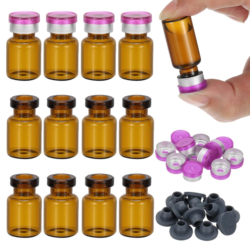 PATIKIL 12-Pack 2 mL Amber Borosilicate Glass Sample Vials with Aluminum-Plastic Caps and Rubber Stoppers, Purple-Silver