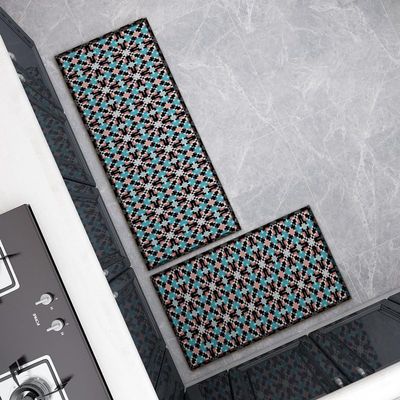 Blue Check Kitchen Runner Set, Washable and Non-Slip, 2-Piece