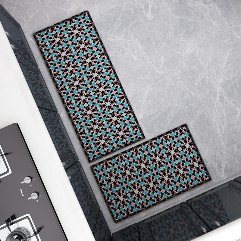 Blue Check Kitchen Runner Set, Washable and Non-Slip, 2-Piece