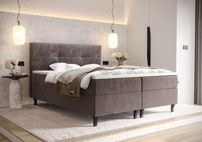 PAMIR24 Box Spring Bed with 2 Bonnell Mattresses H3-2, Storage Boxes, Foam Topper and LIM Headboard, Brown, 140 x 200 cm