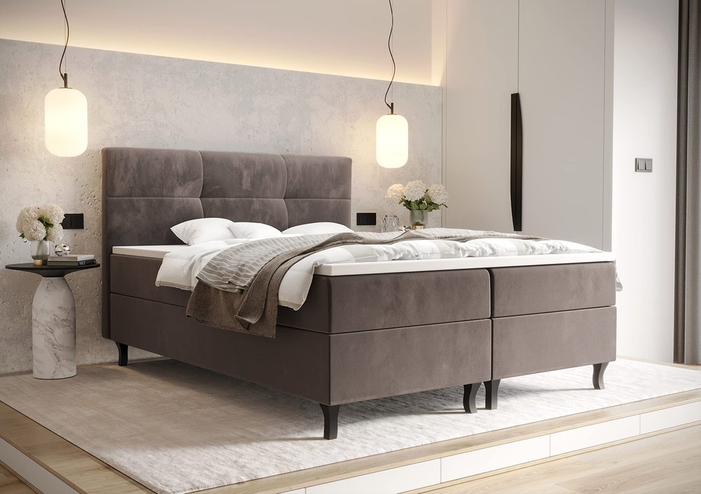 PAMIR24 Box Spring Bed with 2 Bonnell Mattresses H3-2, Storage Boxes, Foam Topper and LIM Headboard, Brown, 140 x 200 cm