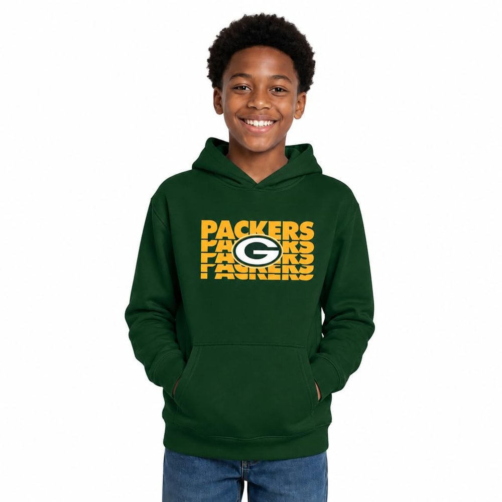 NFL Youth Repeating Logo Football Fleece Pullover Hoodie, Forest Green, X-Large