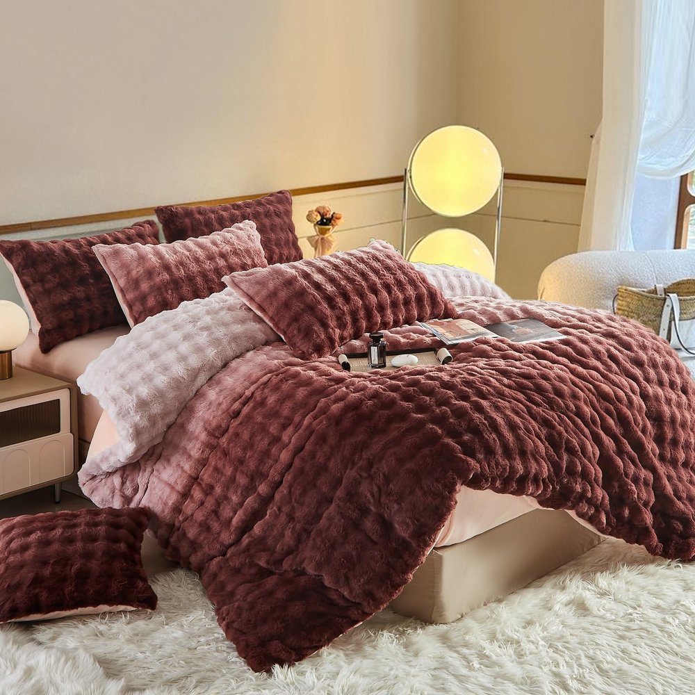 YASMENG Plush Bedding Set 135 x 200 cm, Winter Gradient Pink/Brown, 2-Piece