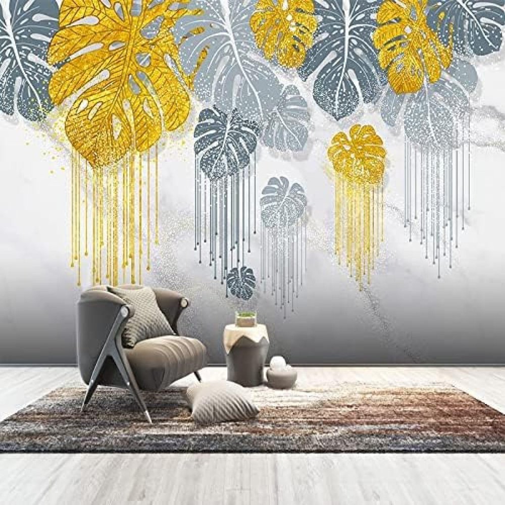 XLMING Stylish Light Luxury Hand-Painted Botanical Leaves 3D Wallpaper, 200 x 140 cm