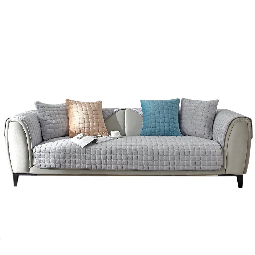 Quilted Velvet Sofa Cover for 1-, 2-, or 3-Seater Sofas, Non-Slip L-Shaped Protector (Gray 2, W 110 x L 210 cm)