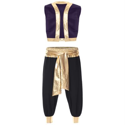 Manyakai Men's Arabian Prince Genie Costume Vest and Harem Pants, Purple & Black, 3XL
