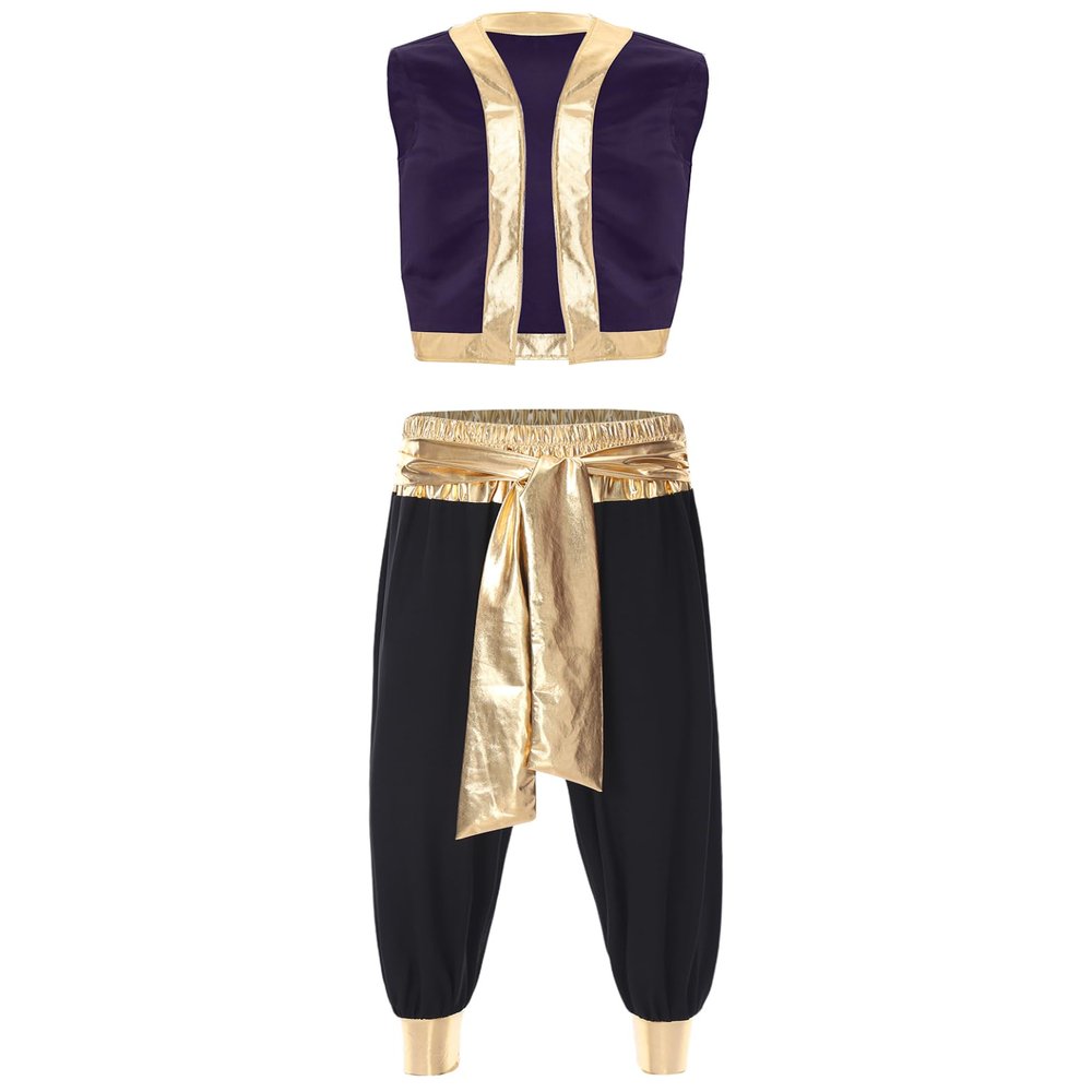 Manyakai Men's Arabian Prince Genie Costume Vest and Harem Pants, Purple & Black, 3XL