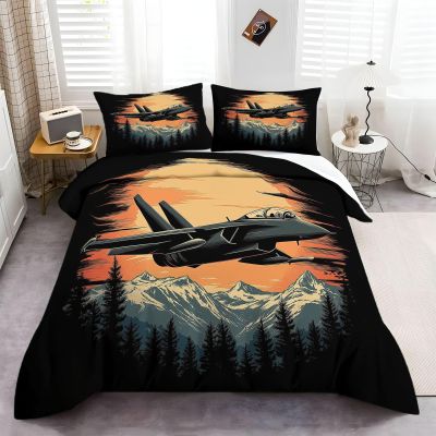 Premium Microfiber Bedding Set, 180 x 200 cm, Retro-Style Jet Airplane, Pine Forest and Sunset, with 80 x 80 cm Pillowcases