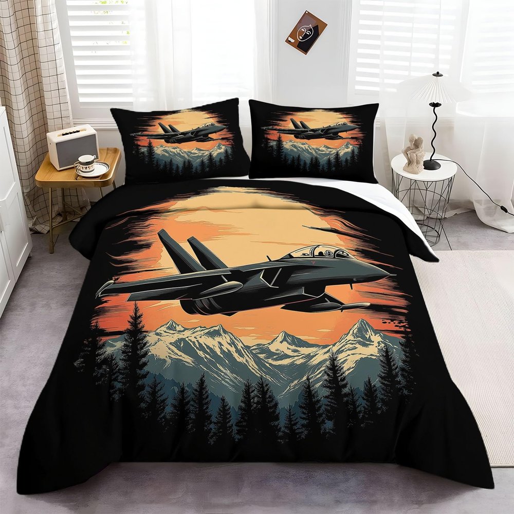 Premium Microfiber Bedding Set, 180 x 200 cm, Retro-Style Jet Airplane, Pine Forest and Sunset, with 80 x 80 cm Pillowcases
