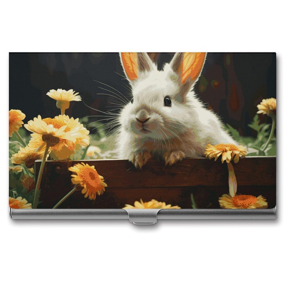 NWTRJ Rabbit and Floral Business Card Holder, Slim Metal Case