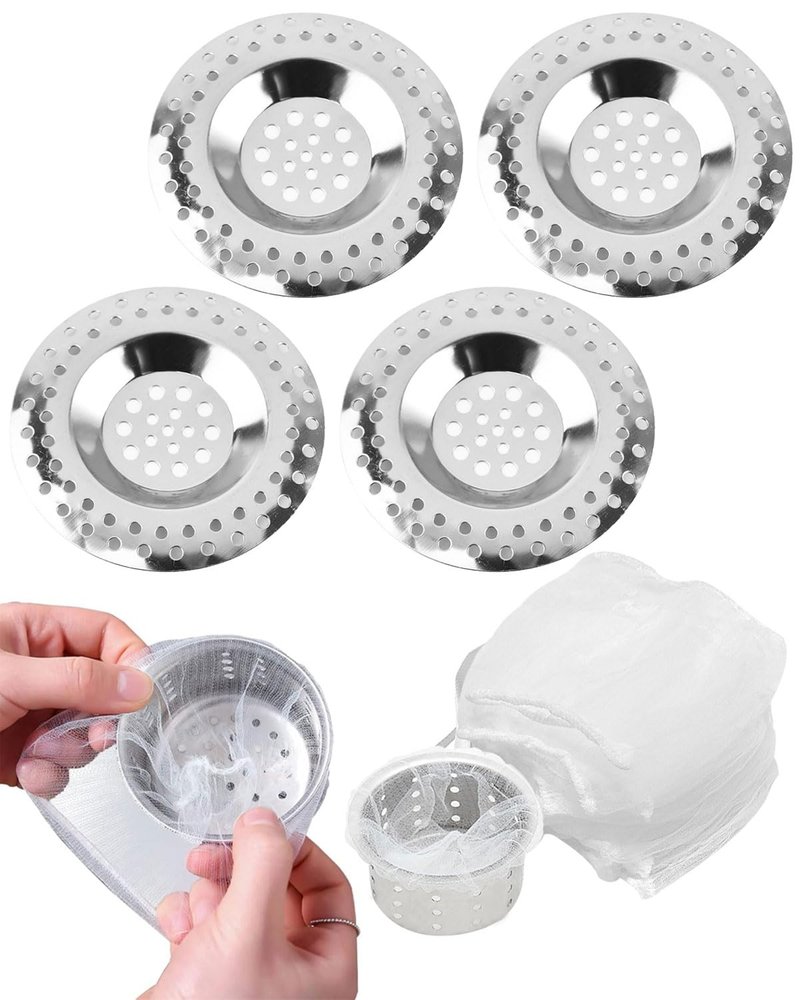 TOZBLEU Stainless Steel Drain Strainer, 4-Piece Set with 50 Filter Meshes