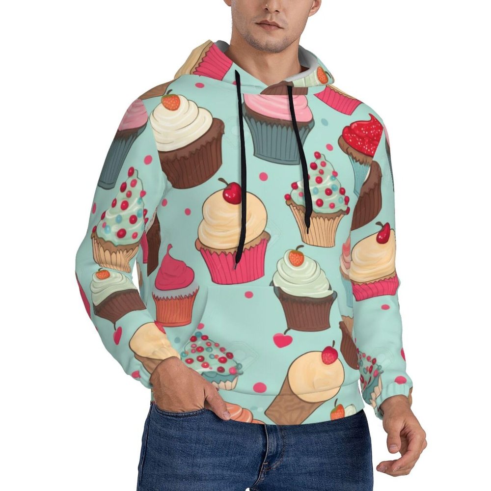 JEKYDOSD Men's Cupcake-Pattern Hoodie, Black, Medium