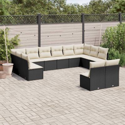 Buzaza 12-Piece Garden Sofa Set with Cushions, Black Poly Rattan