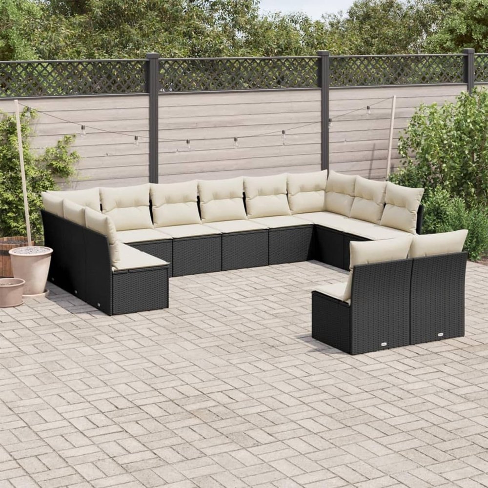 Buzaza 12-Piece Garden Sofa Set with Cushions, Black Poly Rattan