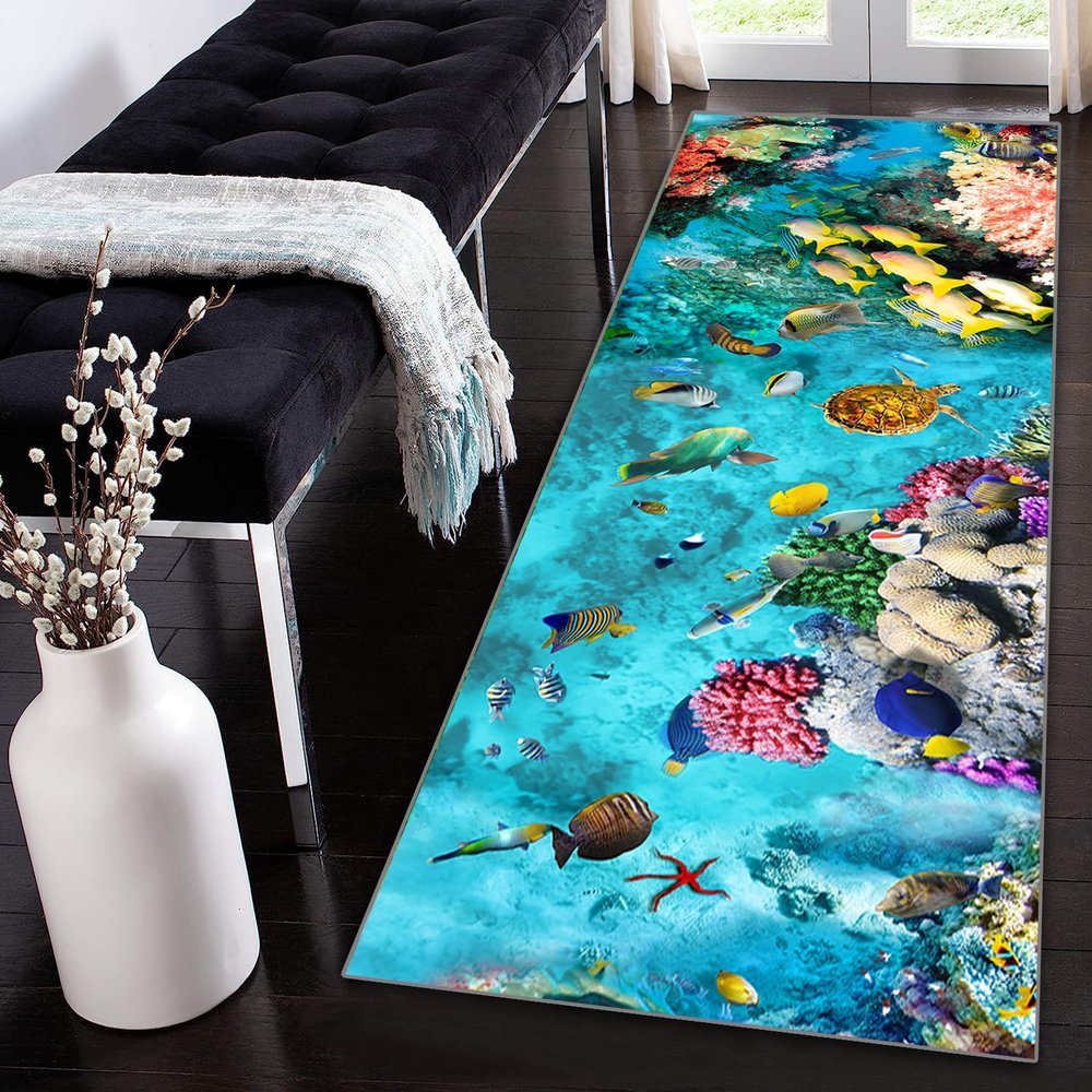 Siunwdiy 3D Blue Floral Runner Rug, Non-Slip, Washable, Customizable, 60 x 160 cm