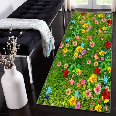 Siunwdiy 3D Runner Rug for Hallway and Kitchen, Nonslip Washable Colorful Green Floral Pattern, 140 x 280 cm, Customizable